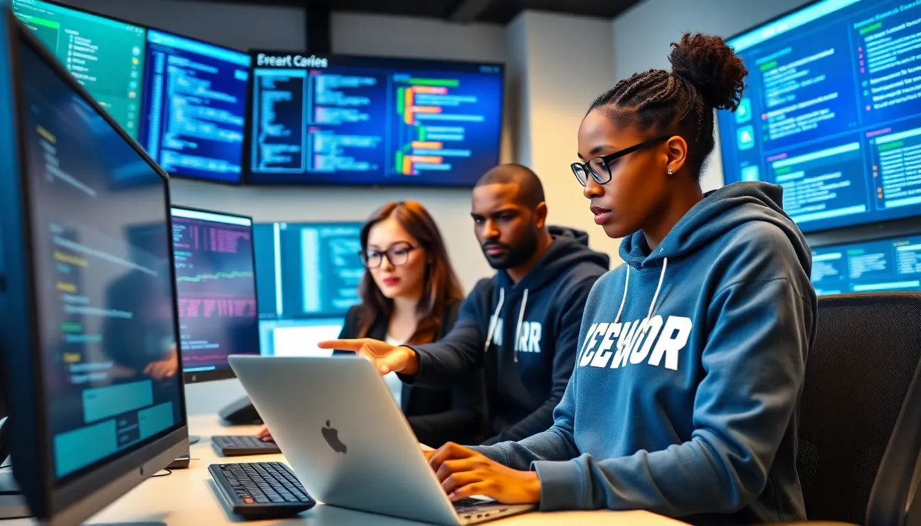 diverse cybersecurity team working in a modern command center.