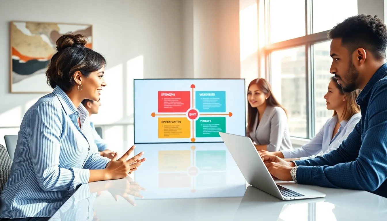 diverse team collaborating on strategic planning in a modern office.