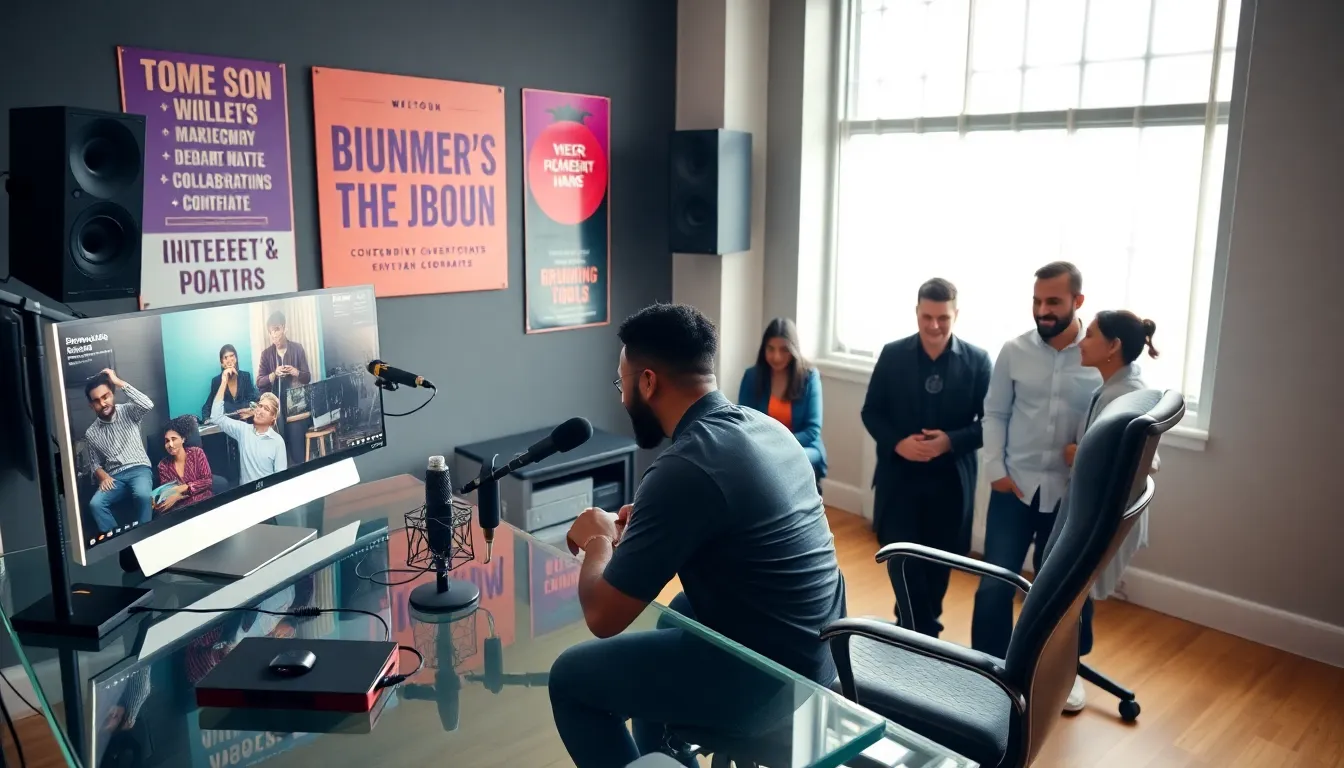 Brummieboi89 livestreaming in a modern studio with a diverse team.