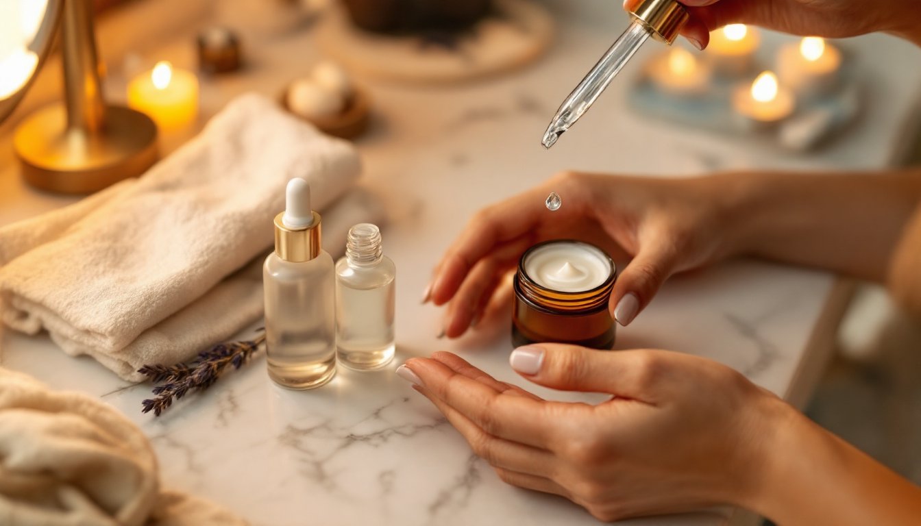 A woman's hands layering serums and creams on a marble vanity at night.