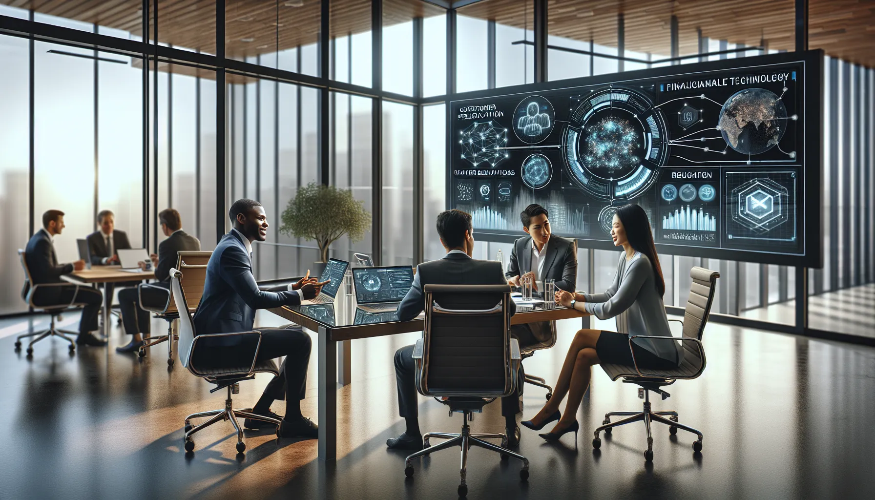 diverse team discussing fintech trends in a modern office.