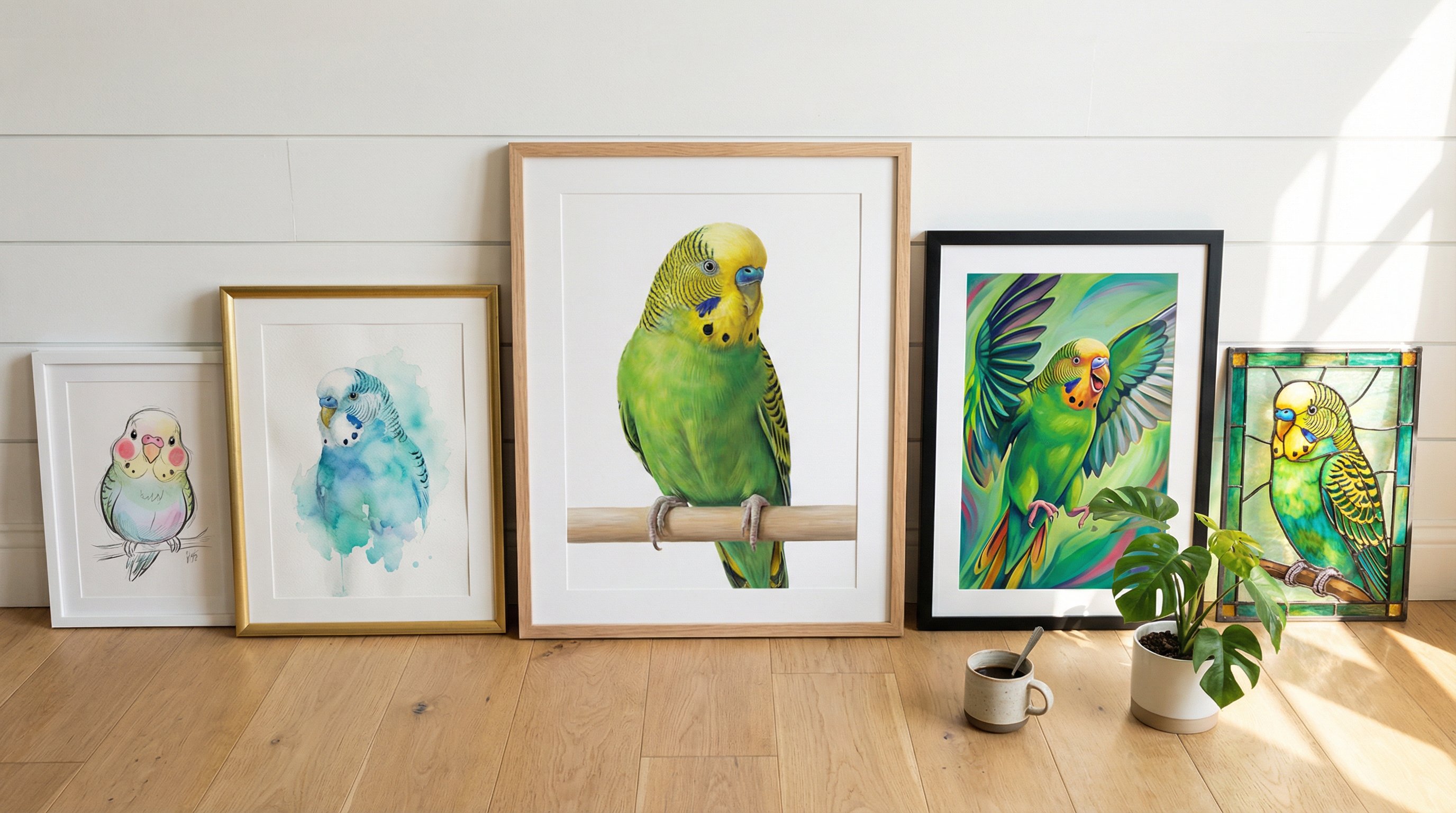 Five framed parakeet portraits in different art styles displayed against a white wall.