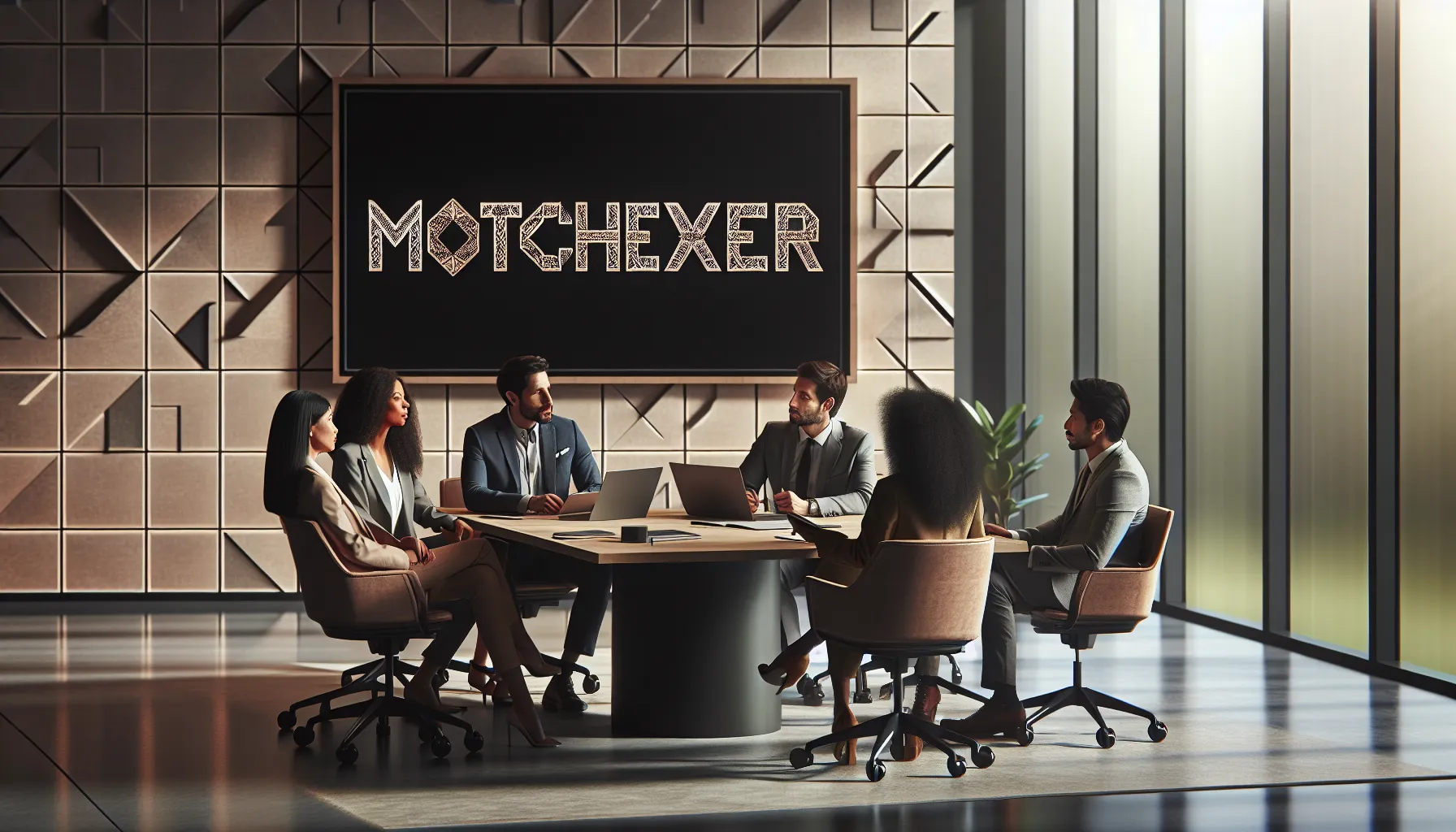 diverse professionals discussing the meaning of Motchexker in an office.