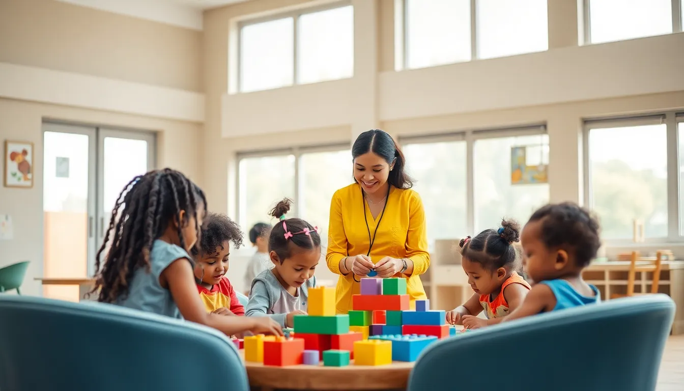 Diverse children playing in an affordable daycare setting.