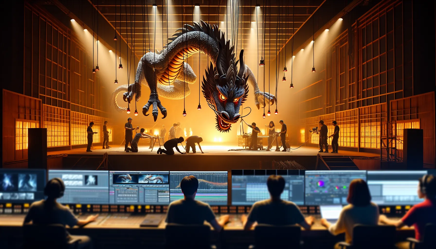 A production studio blending practical and CGI effects during filmmaking.