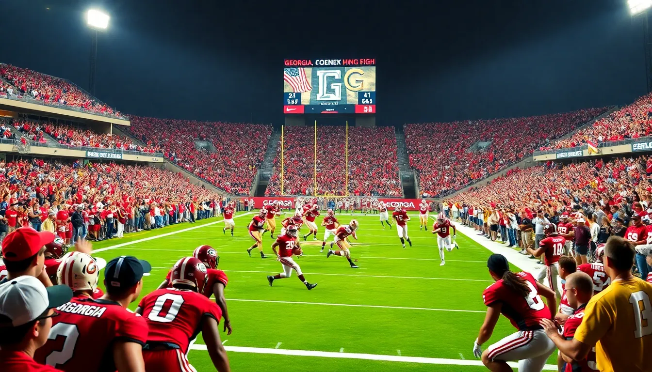 College football game between Georgia and Georgia Tech in a vibrant stadium.