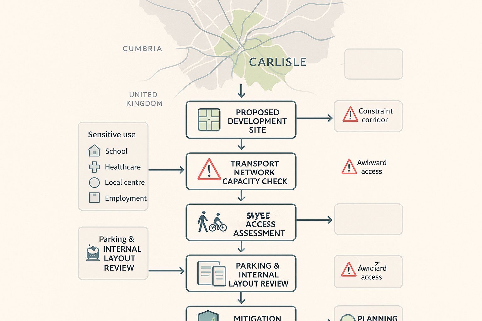 Infographic showing how transport planning shapes safe development decisions in Carlisle.