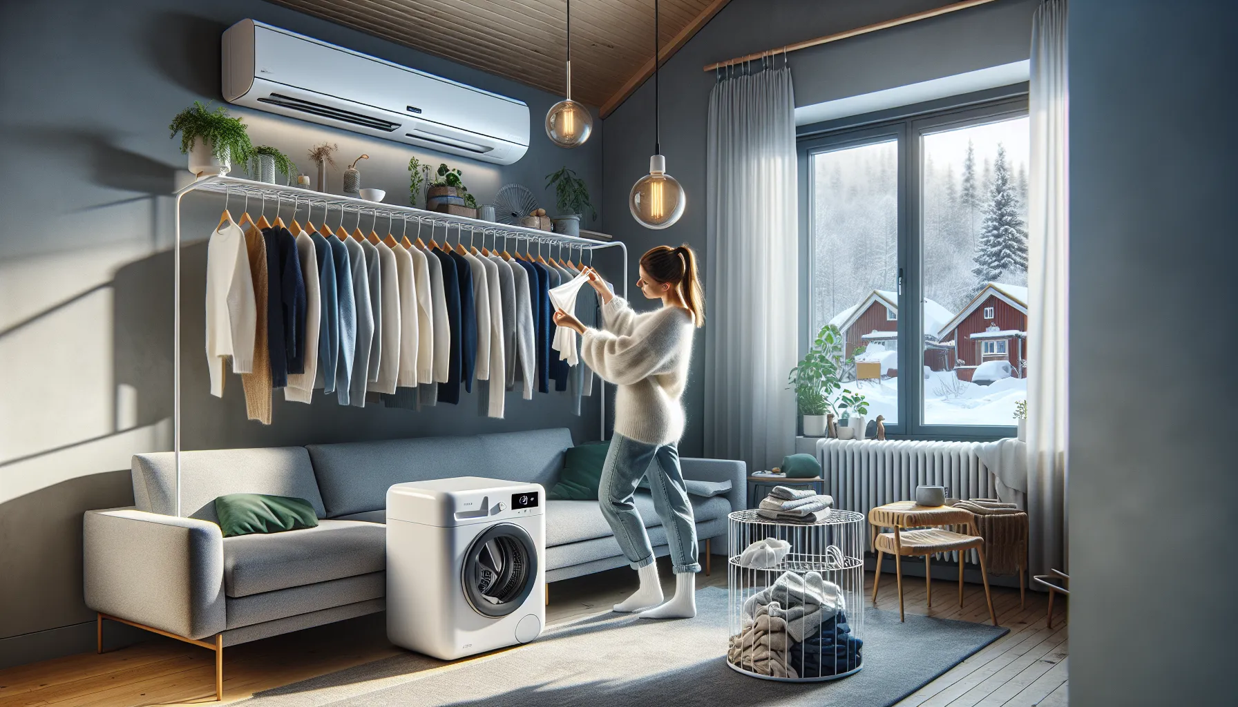 Slik kan du bruke varmepumpen til å tørke klær mer energieffektivt 2 Norwegian living room with heat pump, drying rack, and heat pump dryer in use.