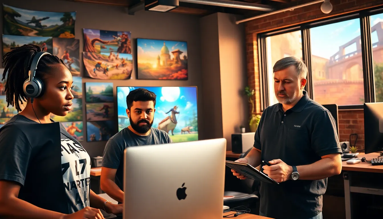 a diverse team of game developers collaborating in a vibrant studio.