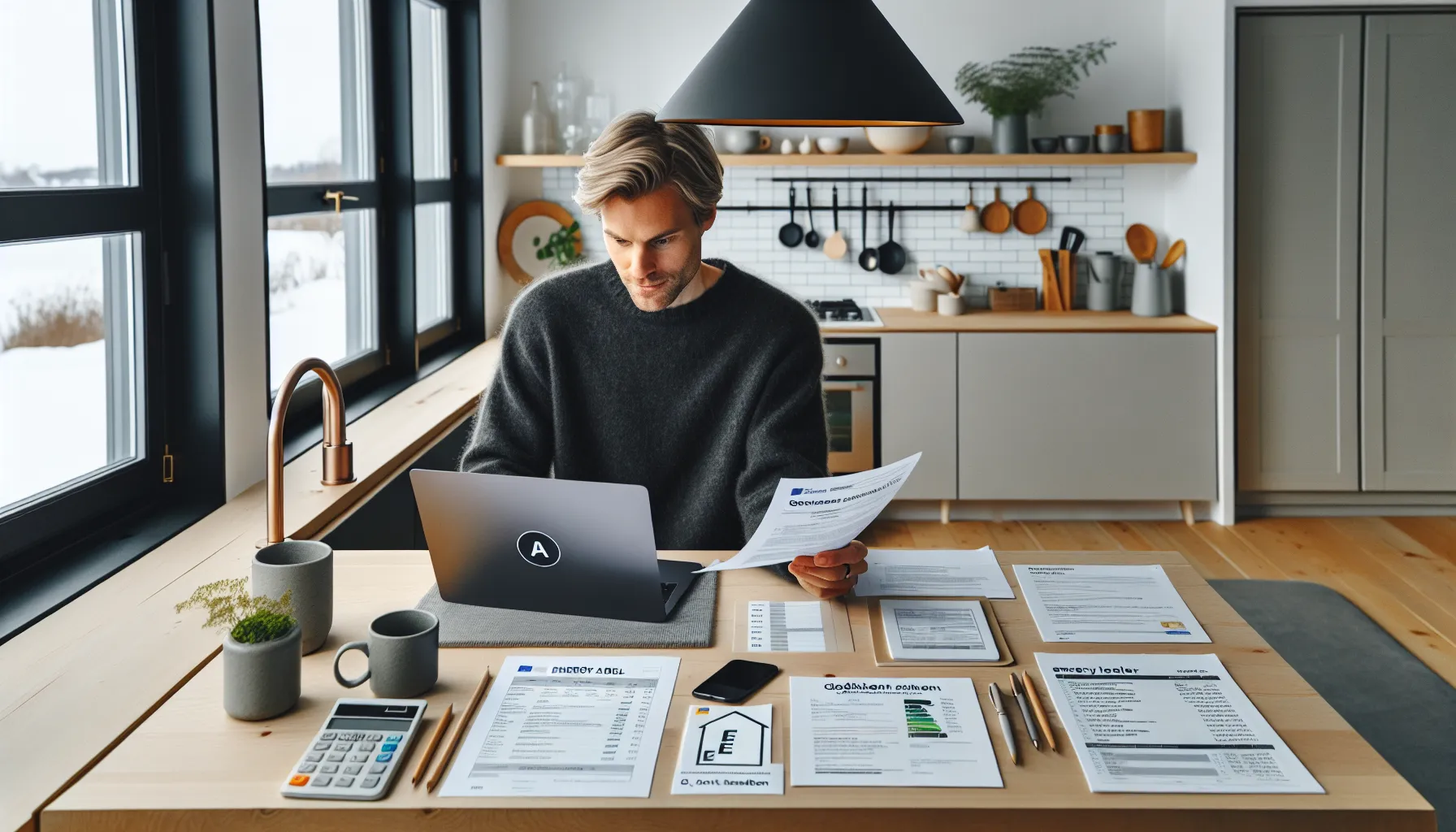 Norwegian homeowner reviews green loan approval with energy label and upgrades visible.