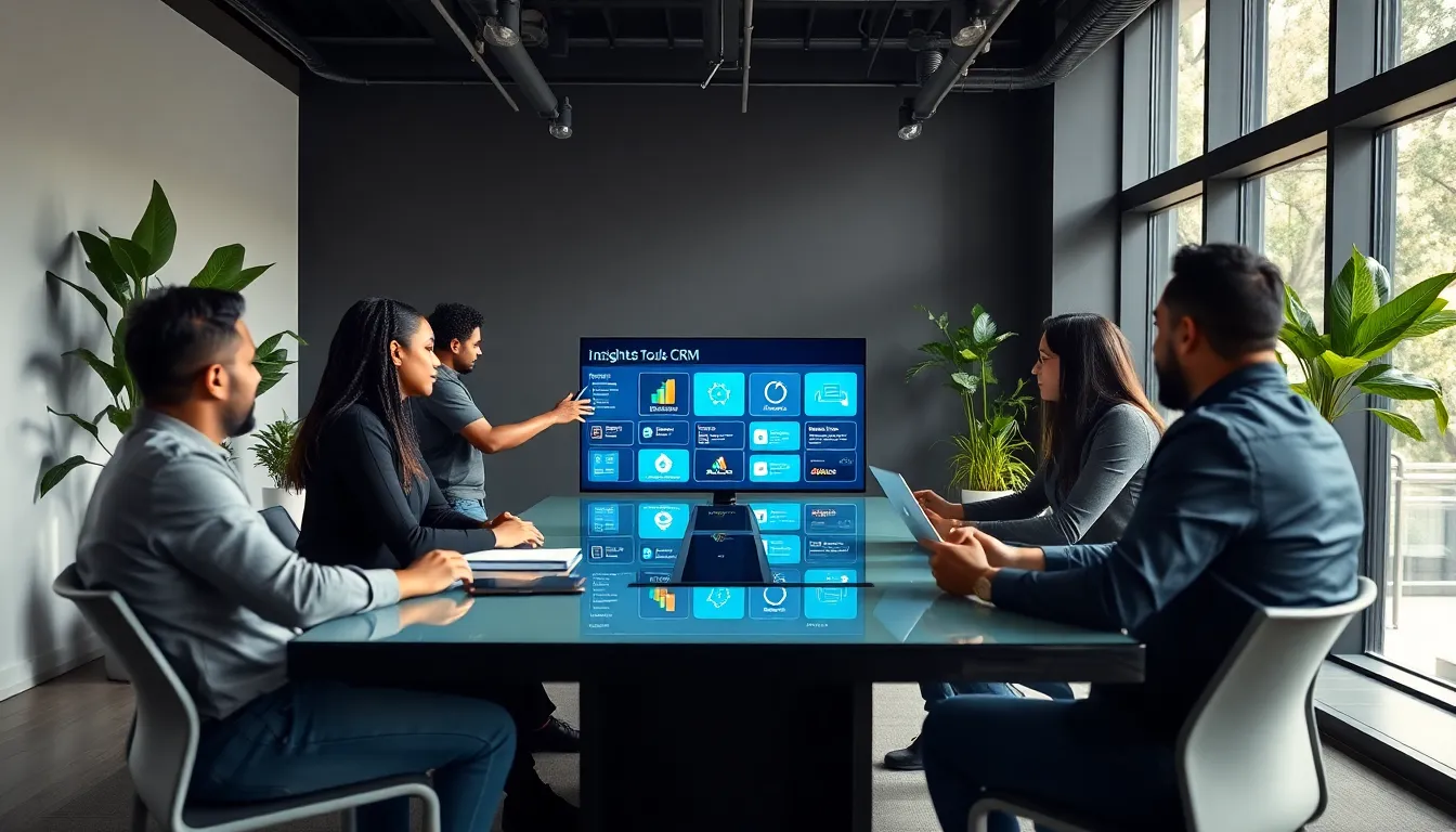 diverse team in a bright office discussing CRM tools for startups.