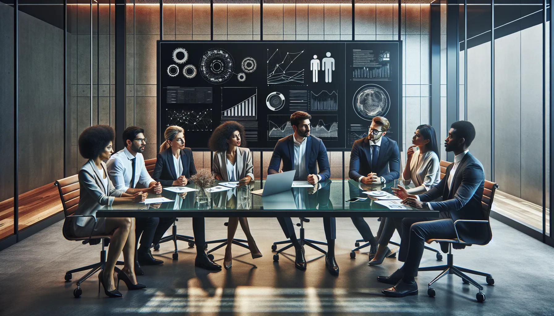diverse team discussing Rcvfhrtn in a modern office.