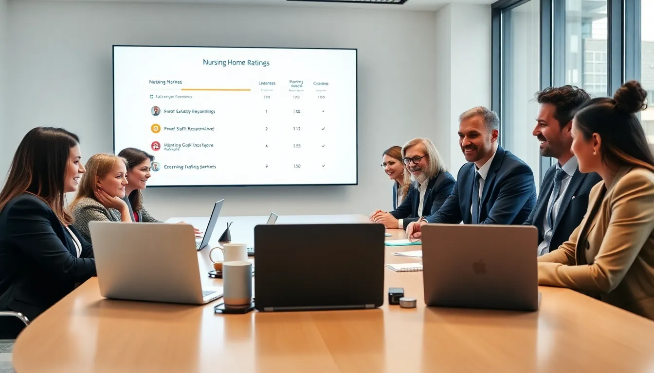diverse professionals discussing nursing home ratings in a modern office.
