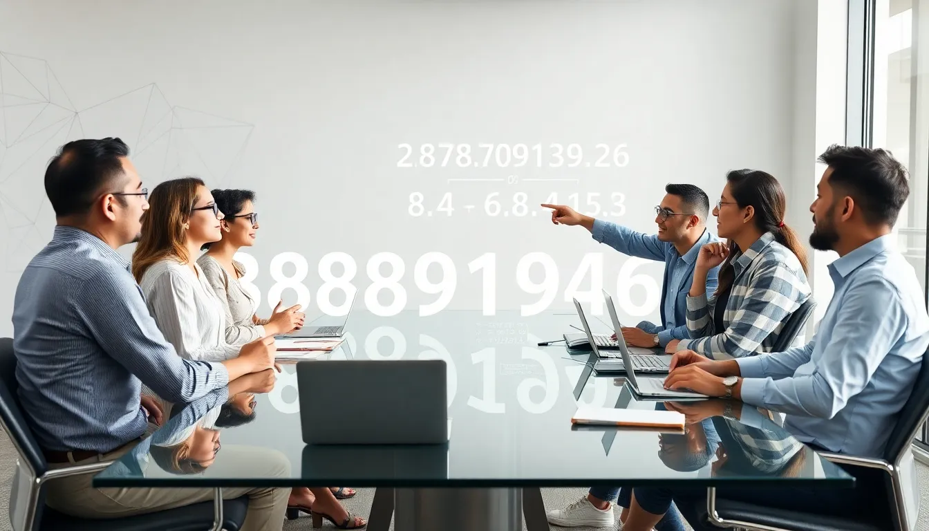 diverse team analyzing the significance of the number 3888913946 in an office.