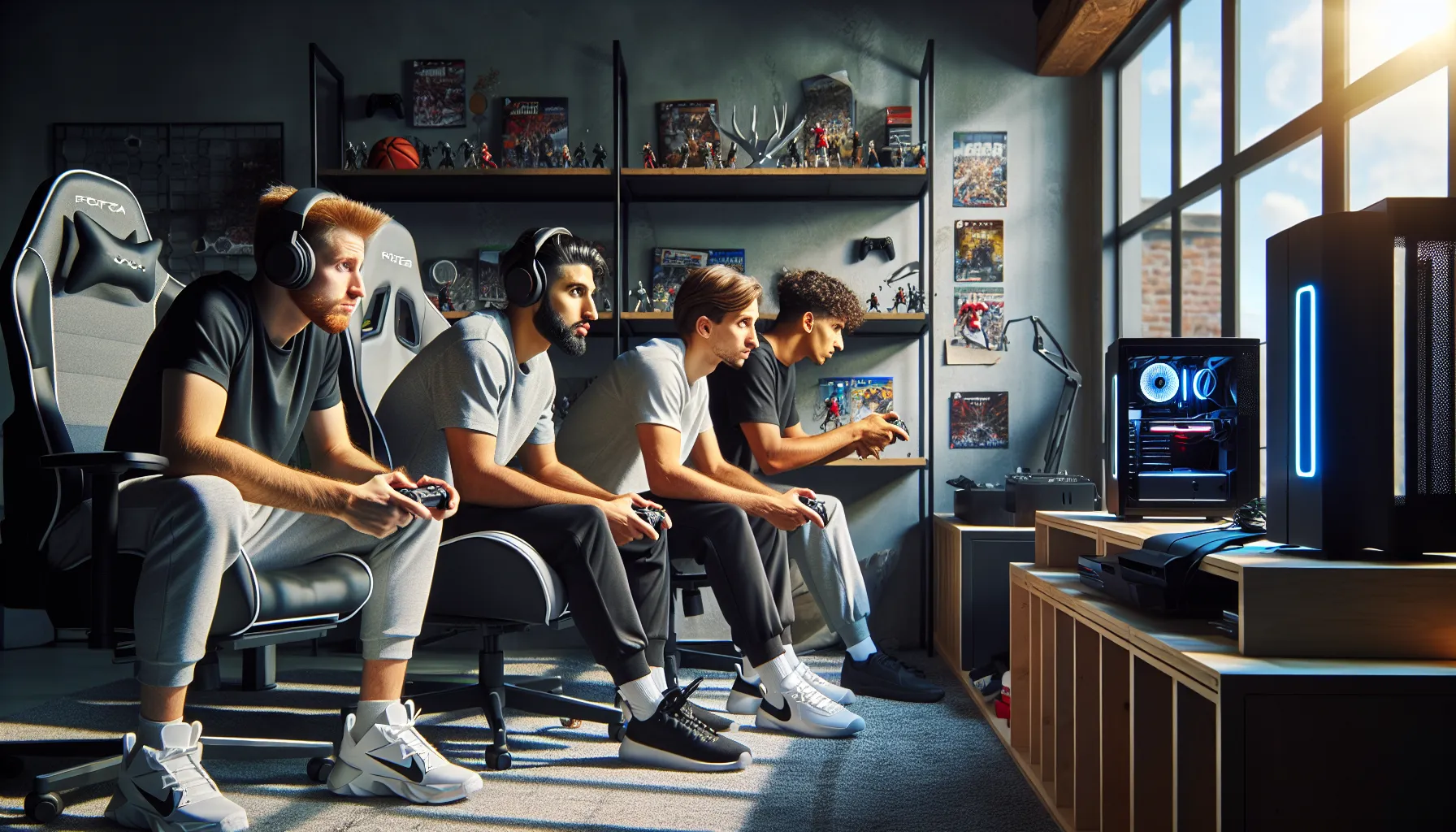 diverse gamers playing NBA 2K23 on PS4 and PS5 consoles.