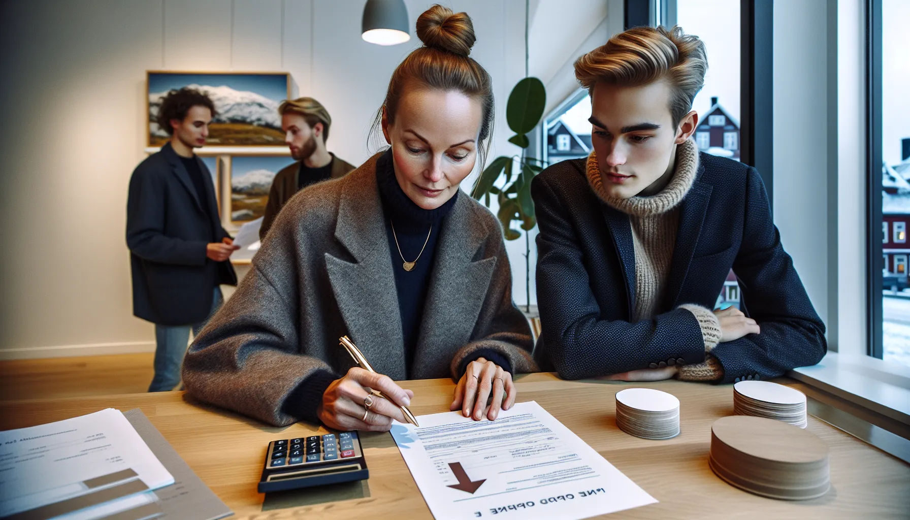 Concerned norwegian couple reviews higher mortgage rate with bank advisor in oslo.