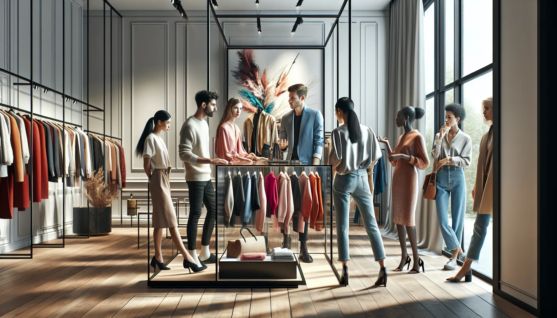 diverse shoppers in a modern boutique exploring Notaperviswear12345 collections.