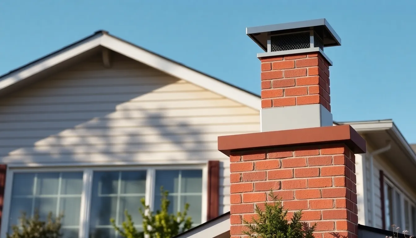 Charming home with a stylish chimney cover against a blue sky.