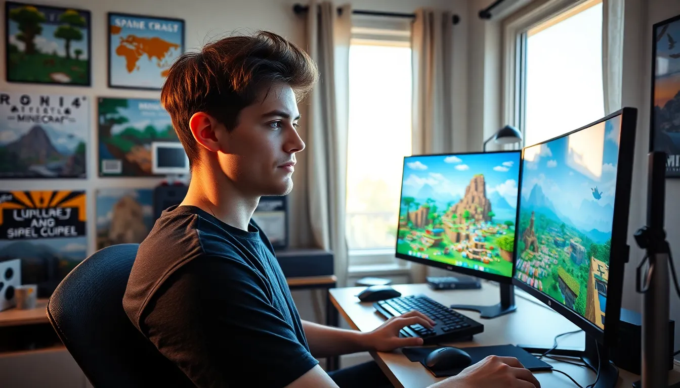a young gamer playing Minecraft Java Edition at a modern desk.