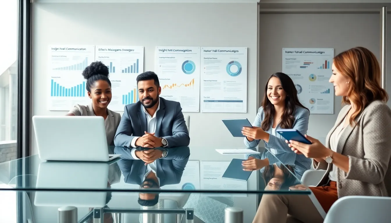 diverse professionals discussing email communication strategies in a modern office.