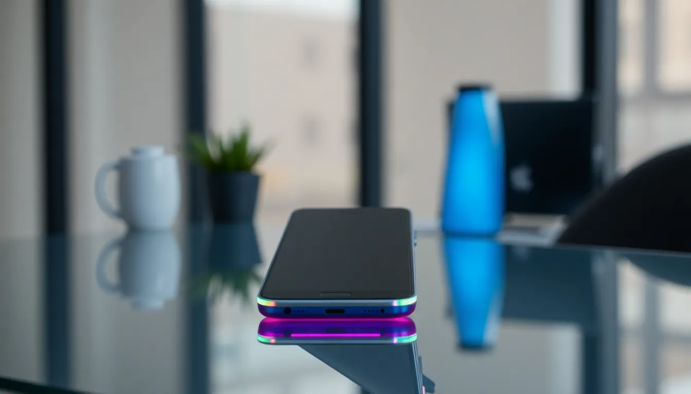 Samsung smartphone displaying edge lighting in a modern setting.