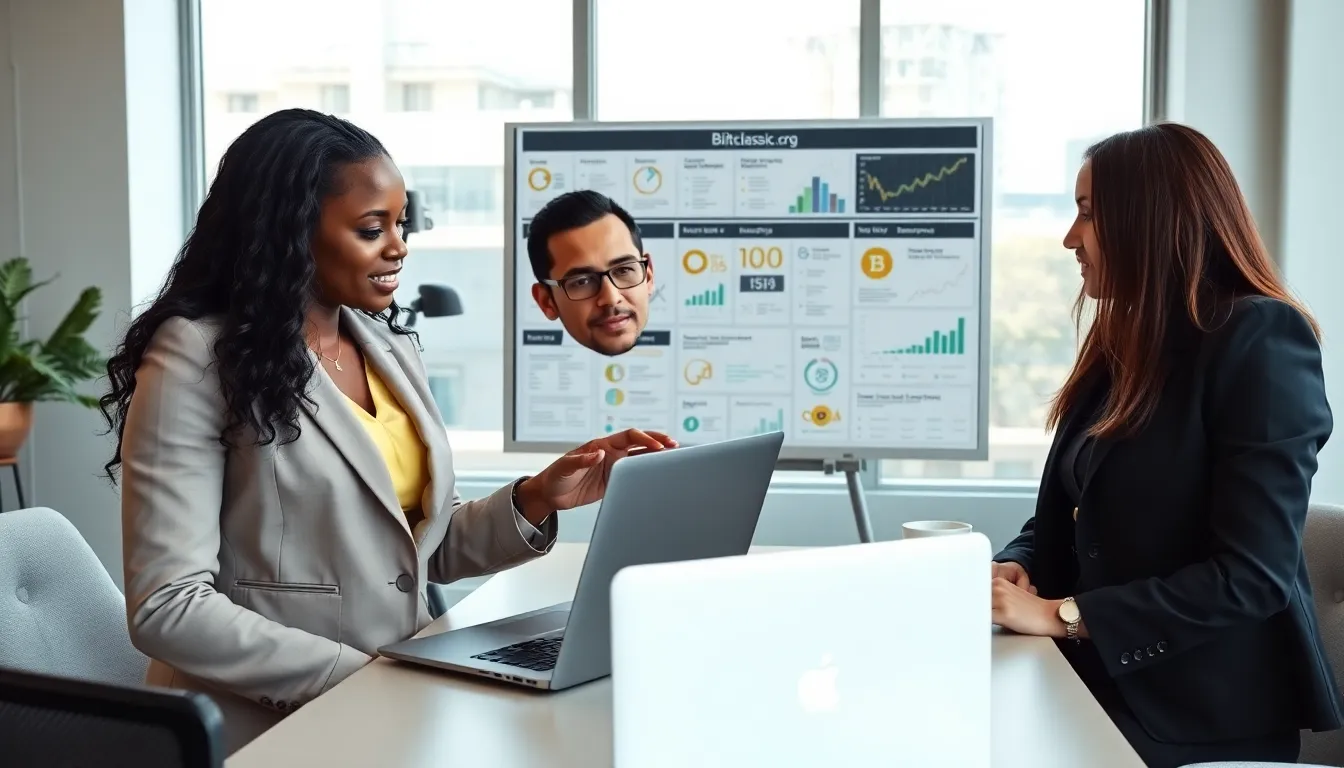 professionals collaborating on cryptocurrency education in a modern office.