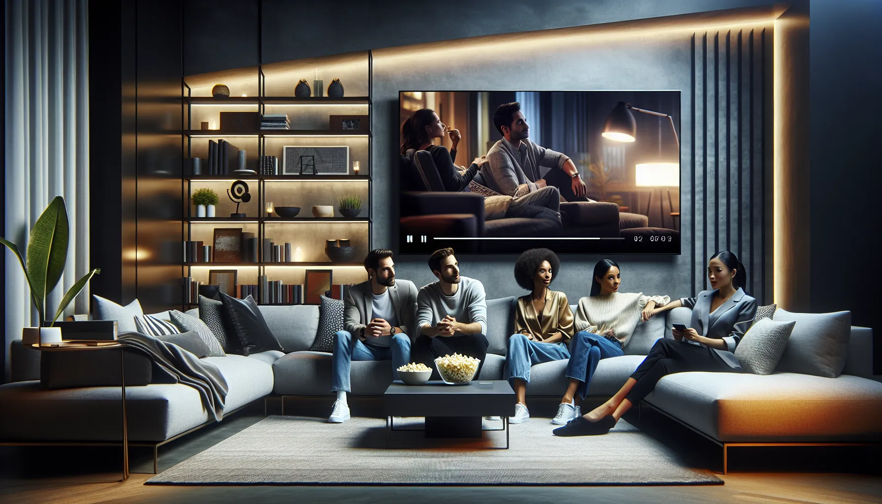 friends enjoying a movie in a stylish living room.