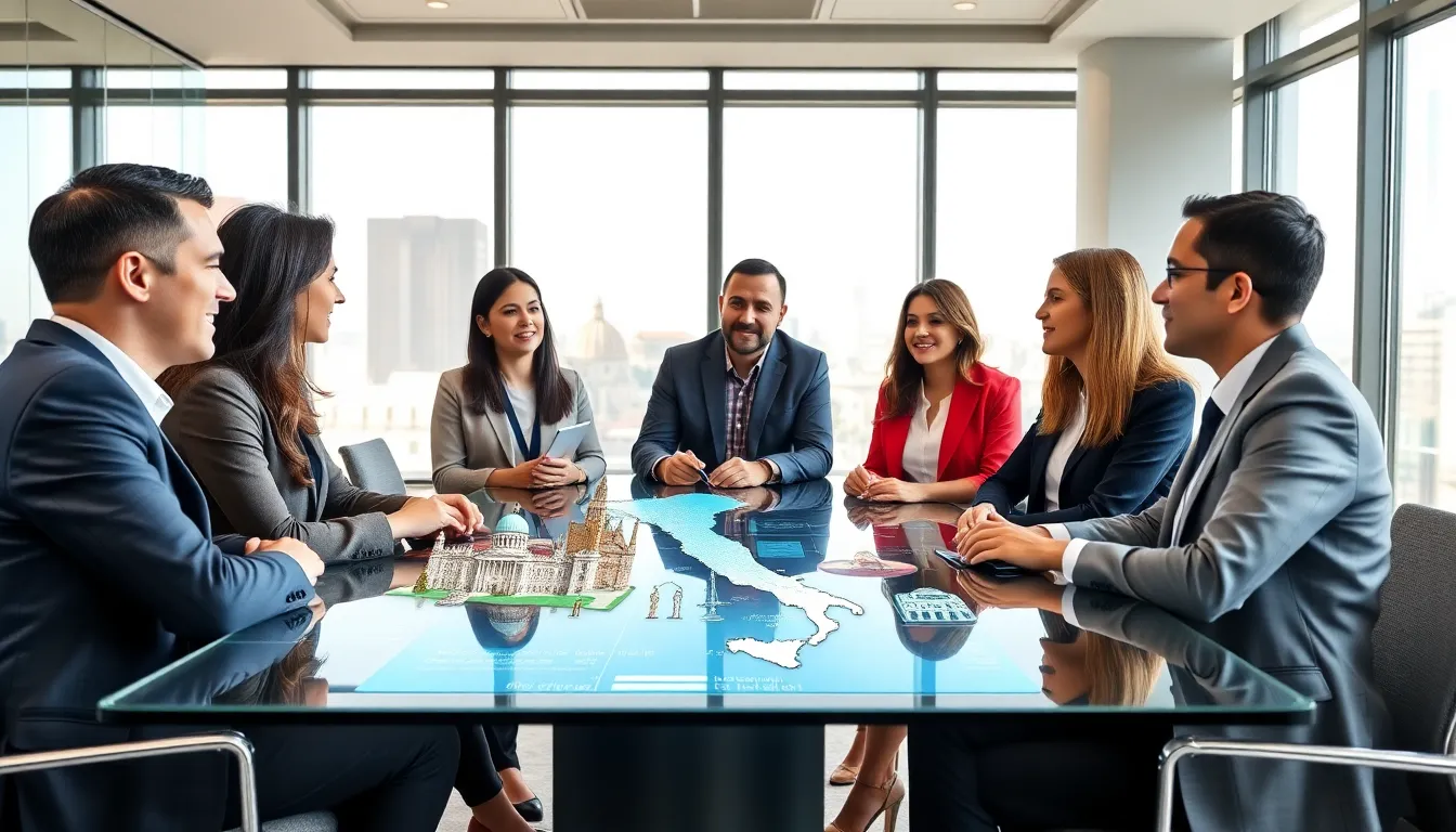 diverse team discussing Italian culture in a modern office.