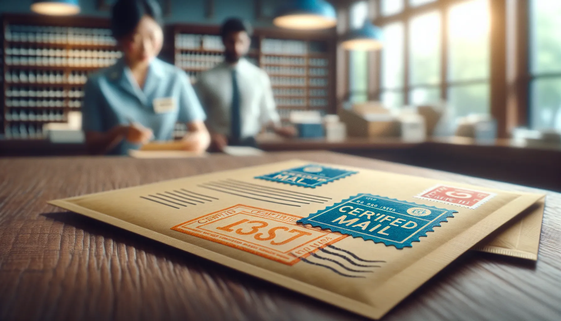 Envelopes with Certified and Registered Mail labels on a desk.