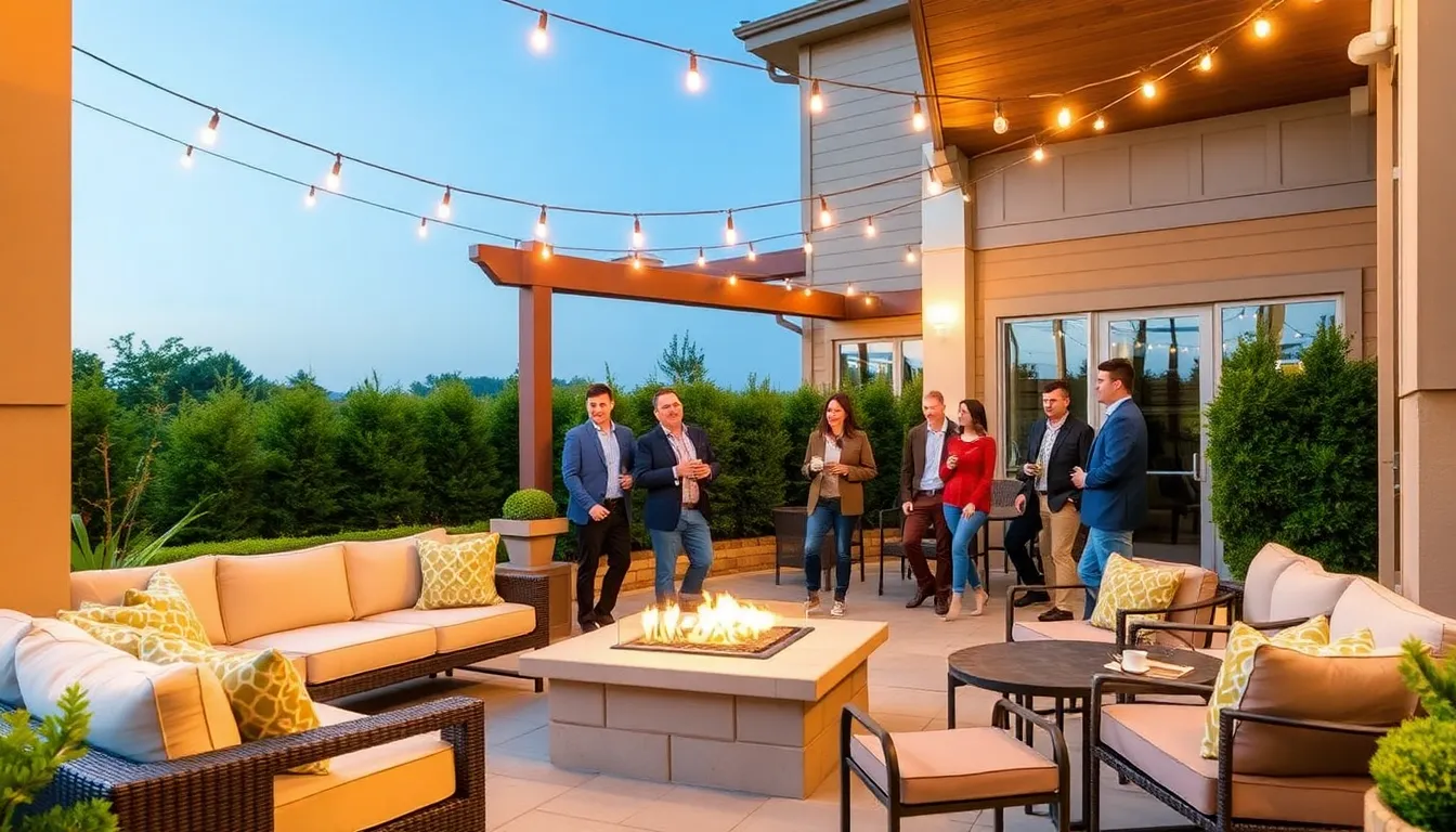 Stylish outdoor living space with a diverse group discussing renovations.