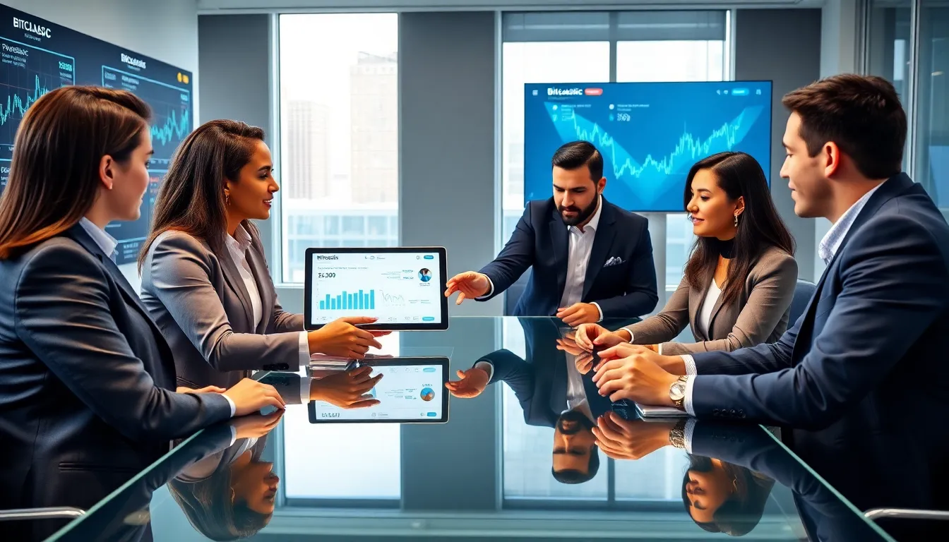 diverse team discussing blockchain features in a modern office.