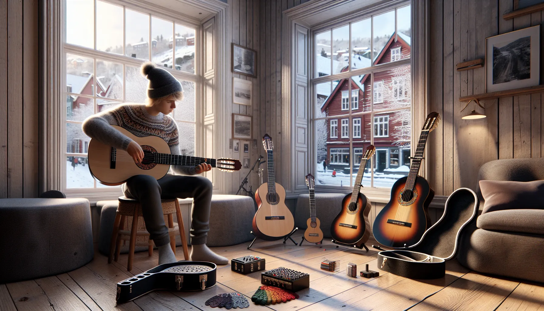 Norwegian beginner compares classical, steel-string, and electric guitars in a shop.