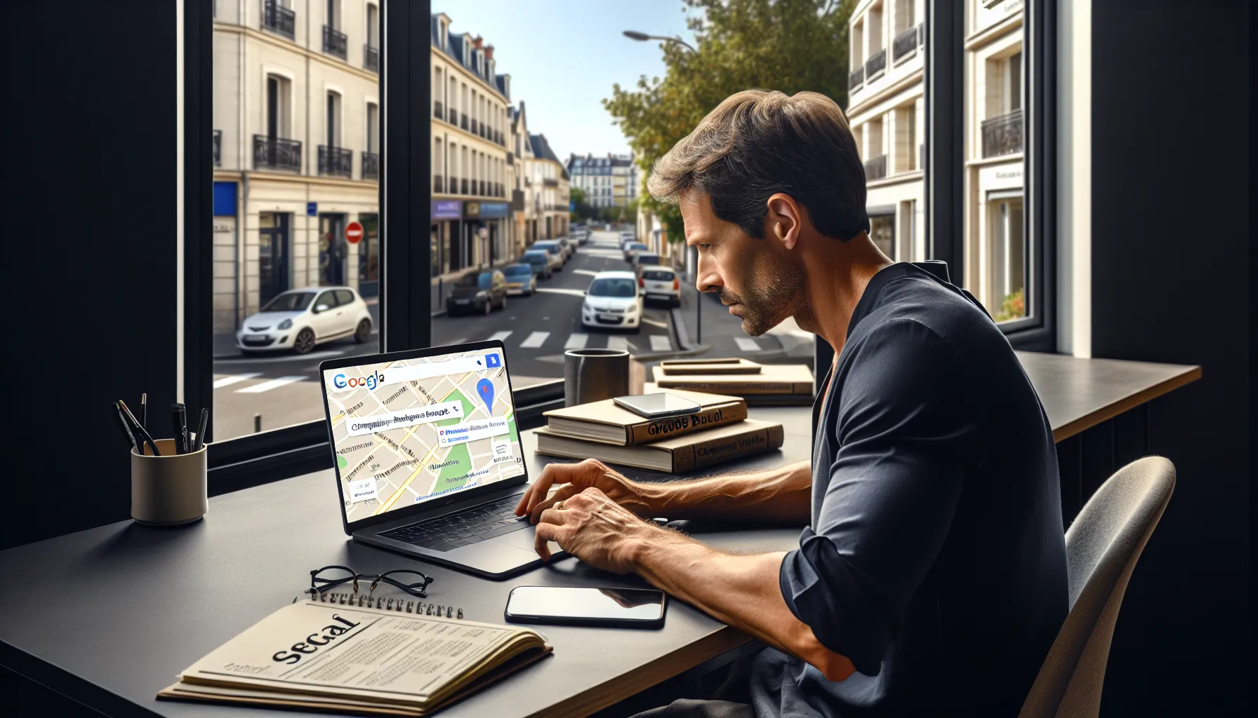 Business owner in Champigny-sur-Marne studying local Google search results on laptop.