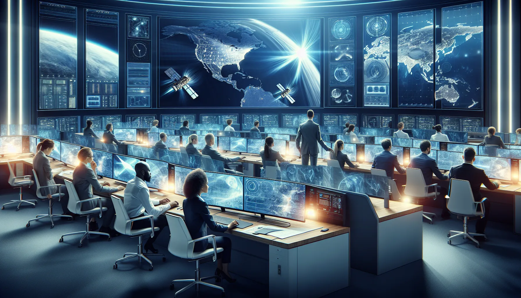 diverse professionals monitoring satellite data in a modern control room.
