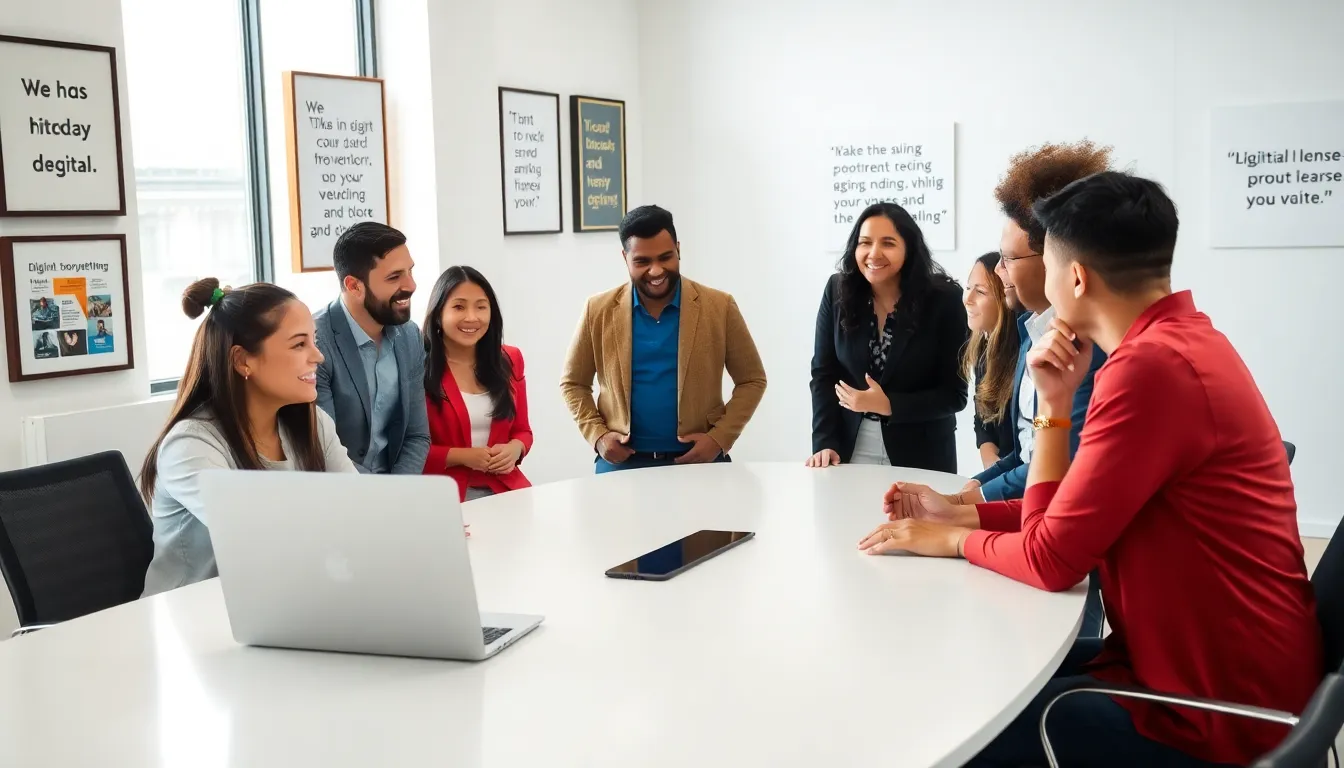 Diverse team discussing digital storytelling in a modern office.