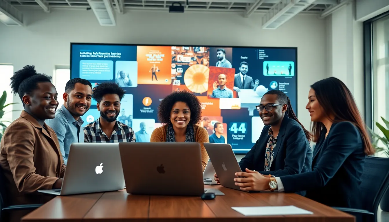 diverse team collaborating on digital storytelling in a modern office.