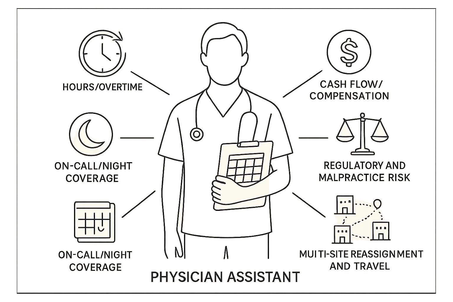 physician assistant with clipboard surrounded by icons for schedule risks