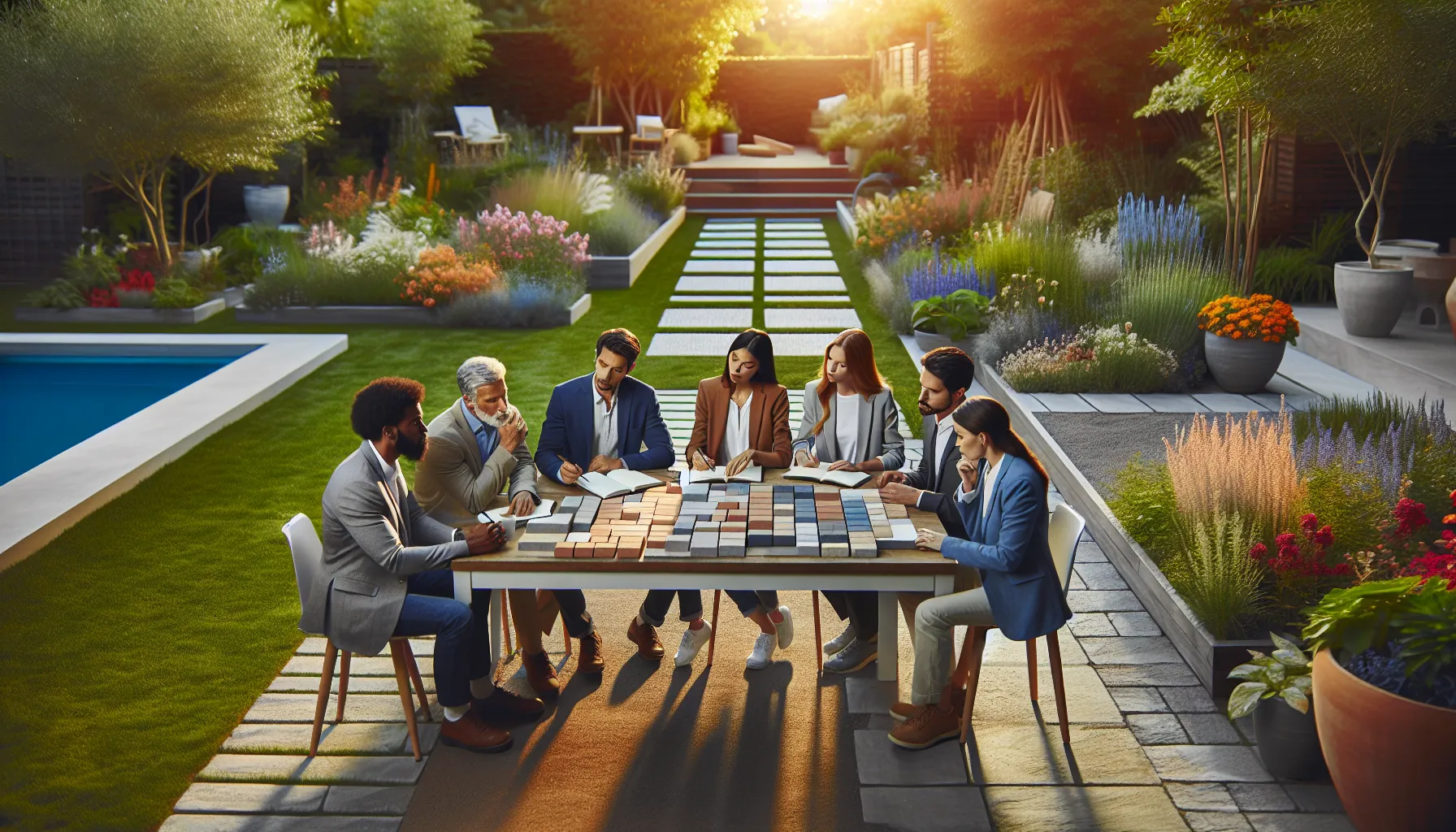 diverse team analyzing bricks for landscaping in a garden setting.