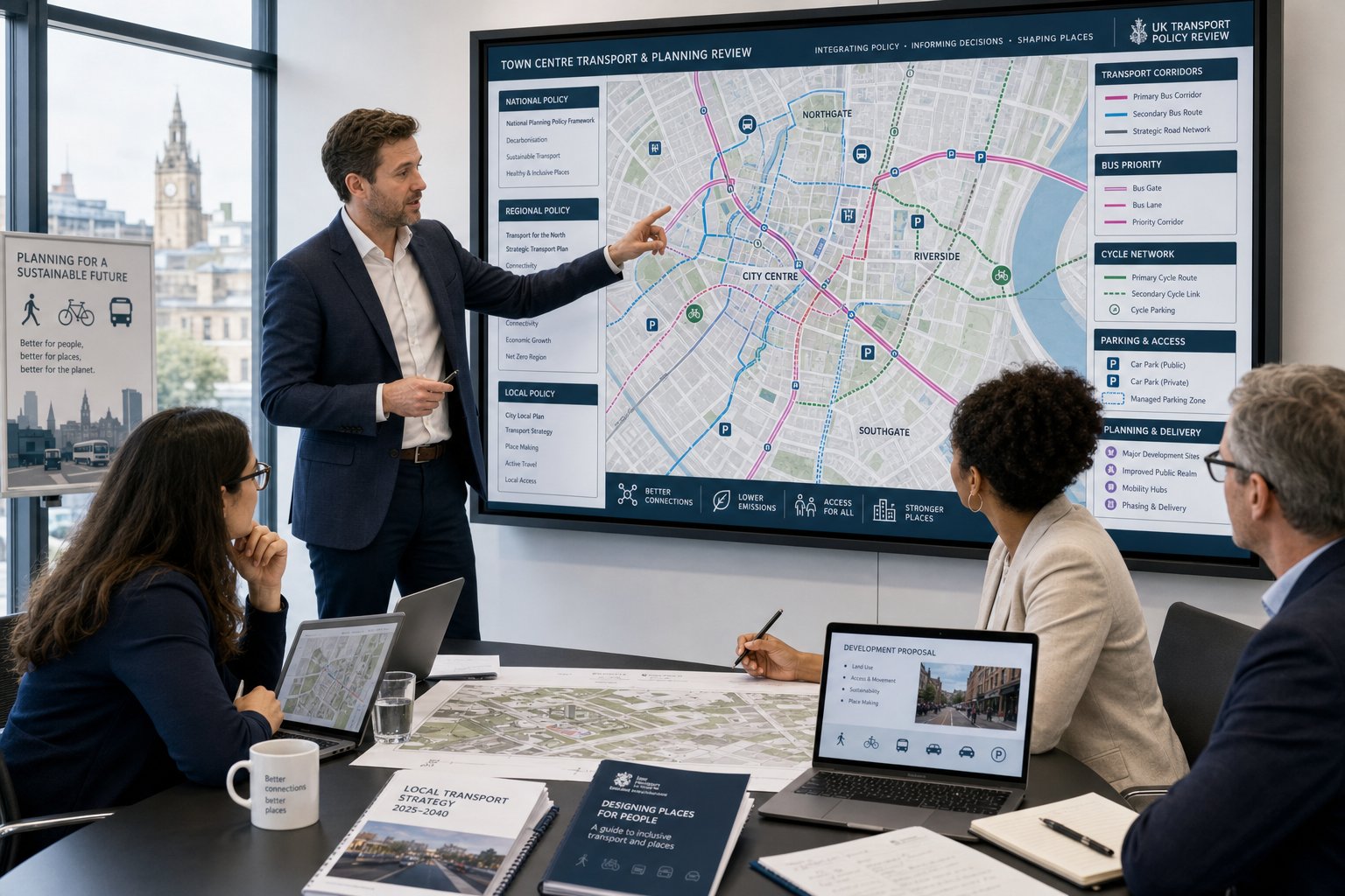 Consultants reviewing UK transport policy and planning maps in a modern office.