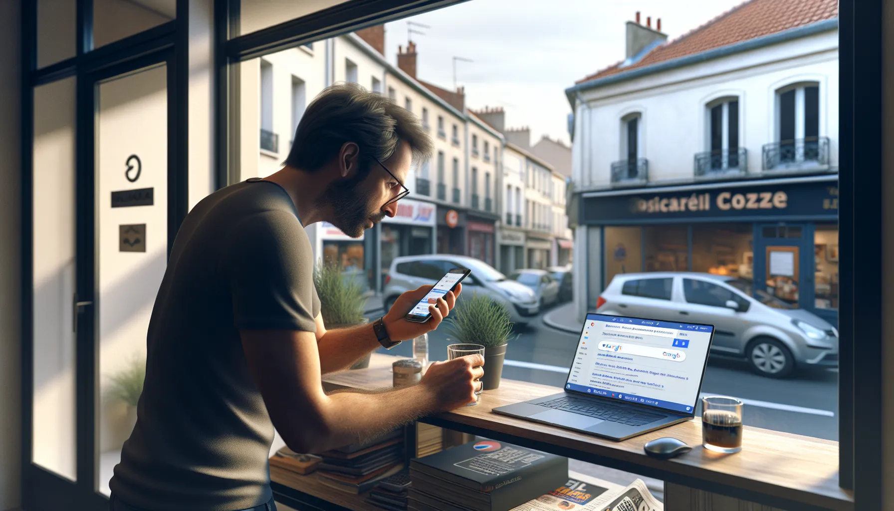 Local French shop owner checks Google results on laptop while passersby search on phones.