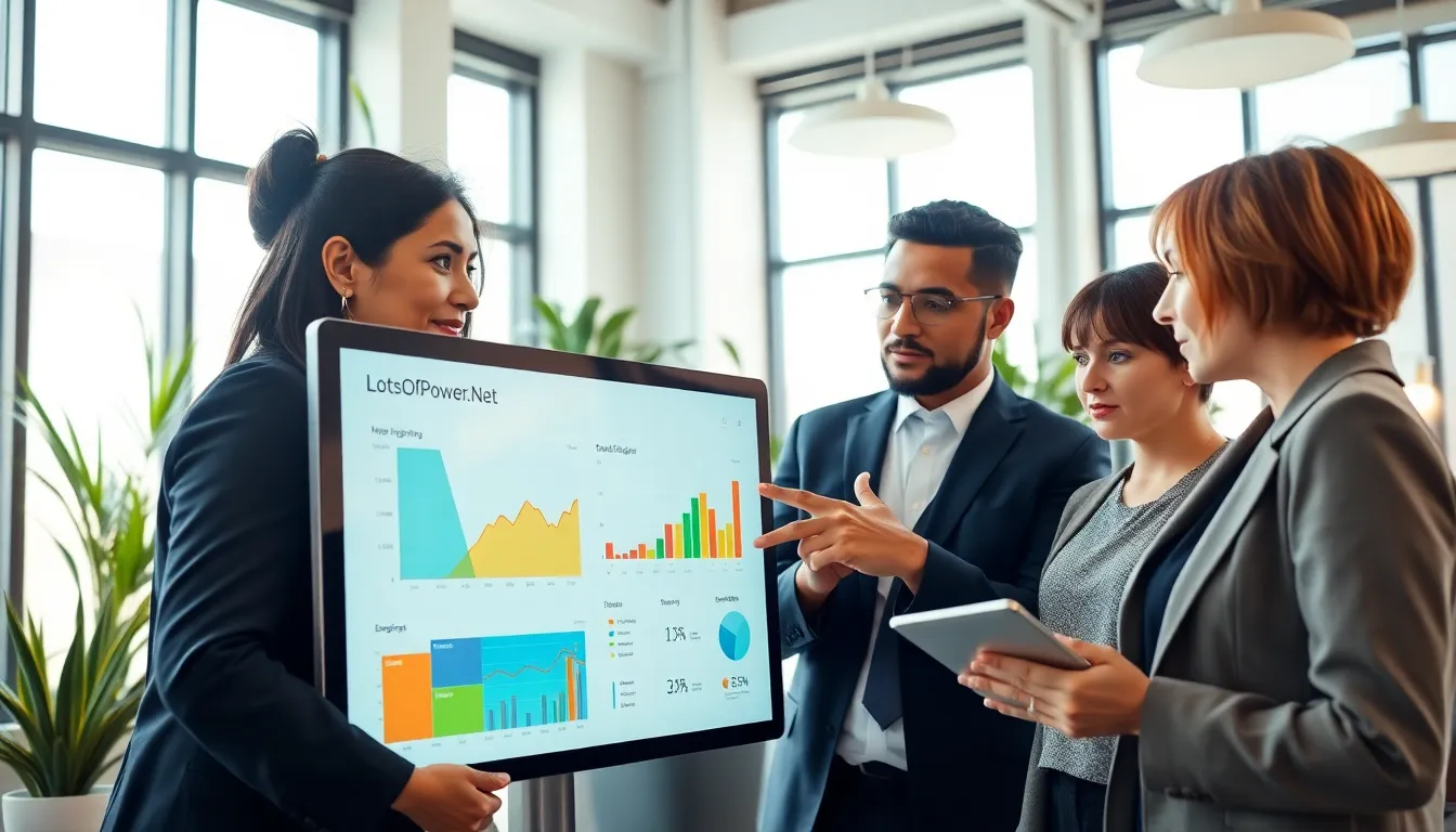a diverse group of professionals engaging with an energy management platform in an office.