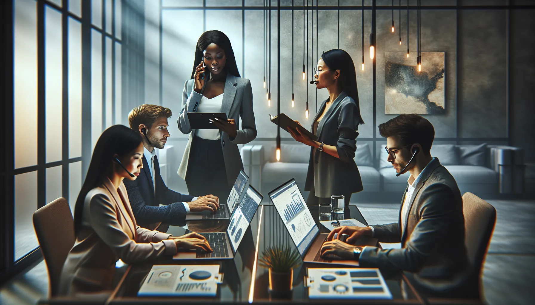diverse professionals engaged in a conference call in a modern office.
