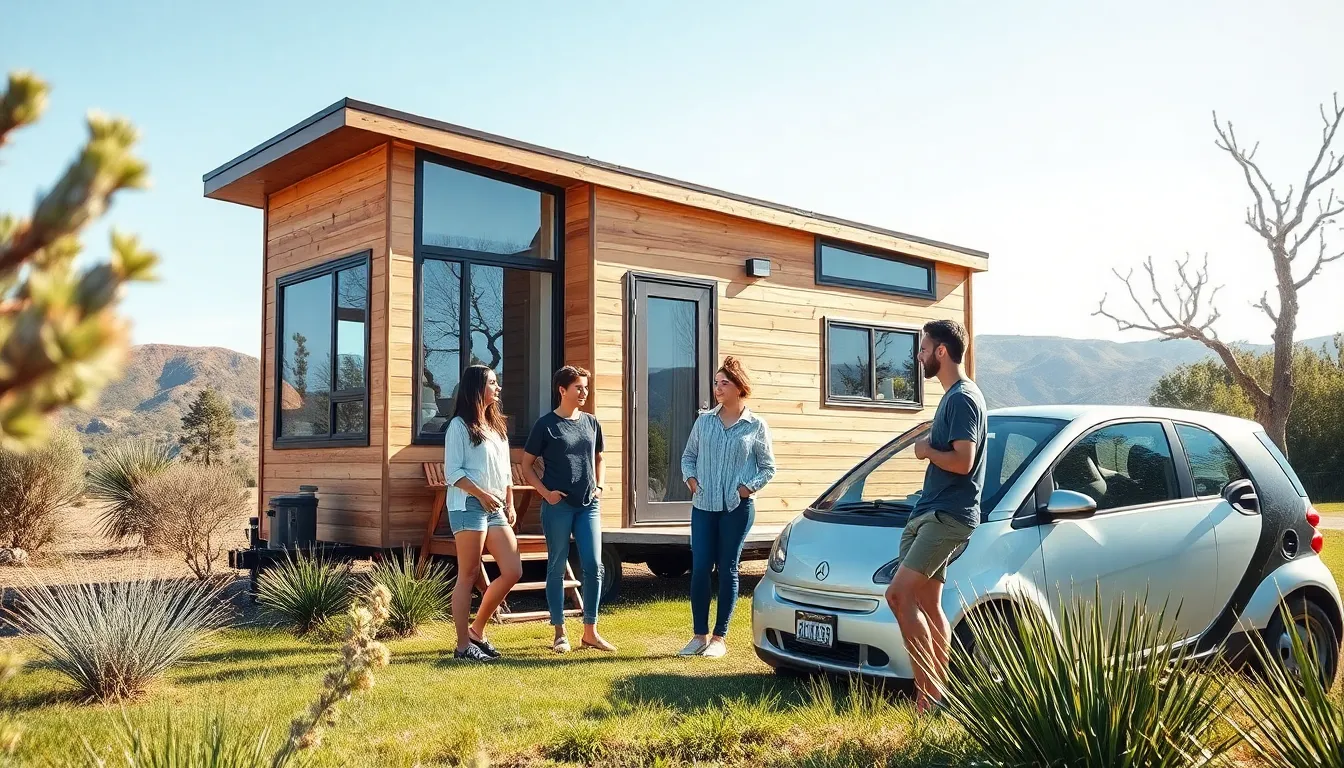a modern tiny home surrounded by California landscape with diverse people discussing