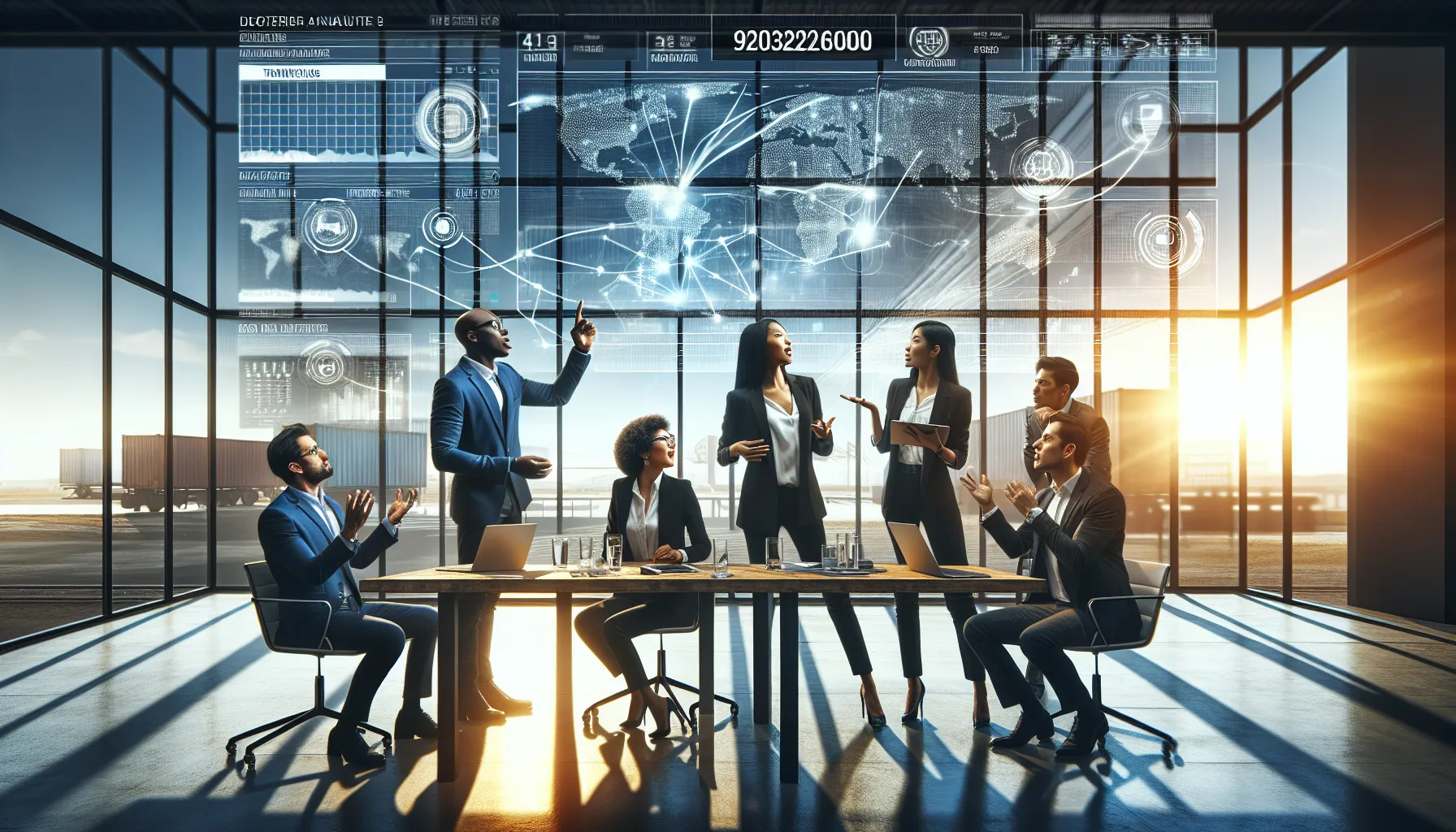 diverse team discussing logistics in a modern office setting.