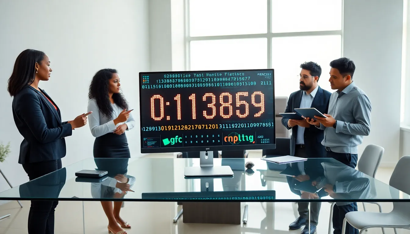 professionals discussing hexadecimal code in a modern office.
