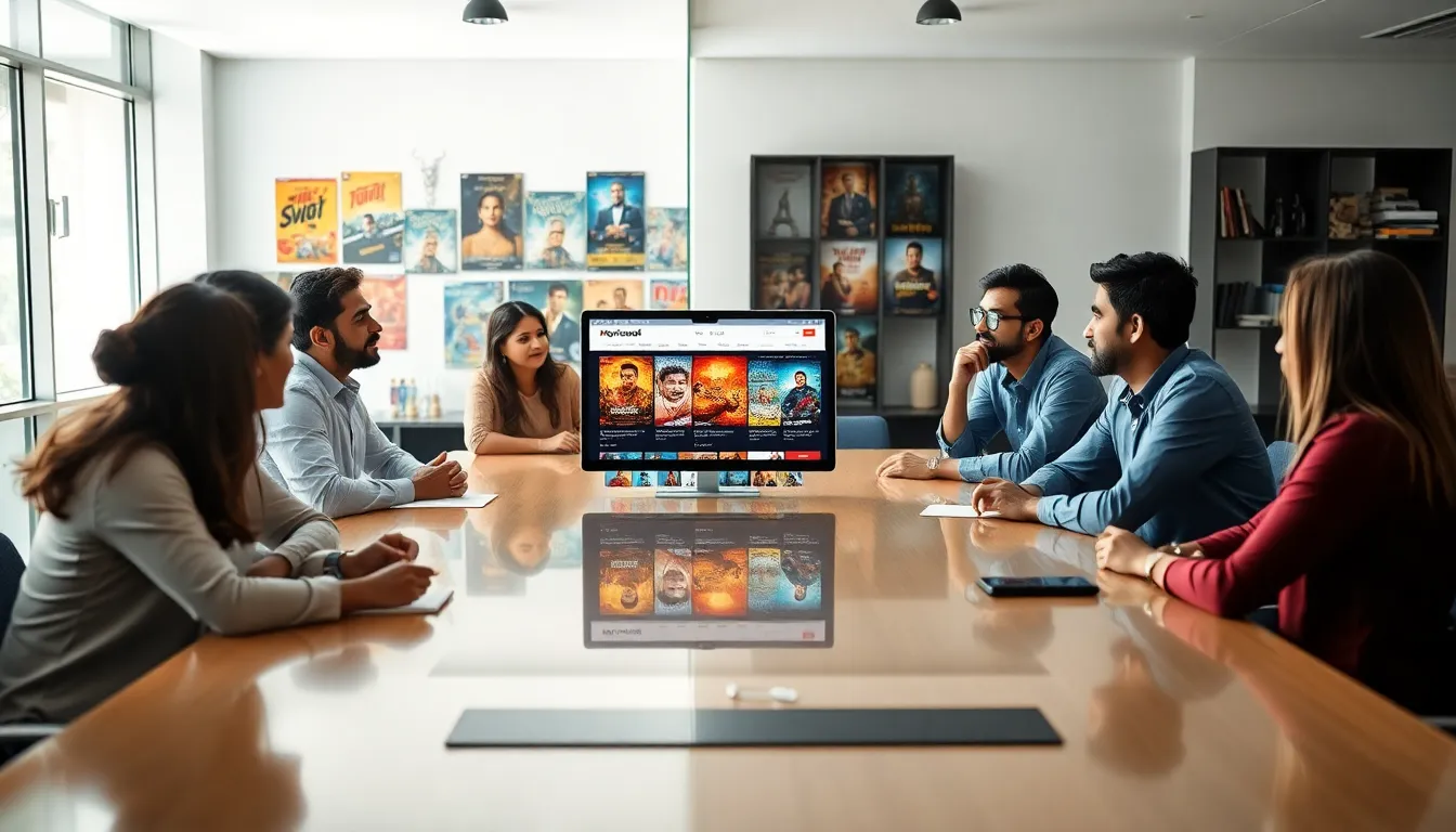 Professionals discussing Tamil cinema in a modern office.