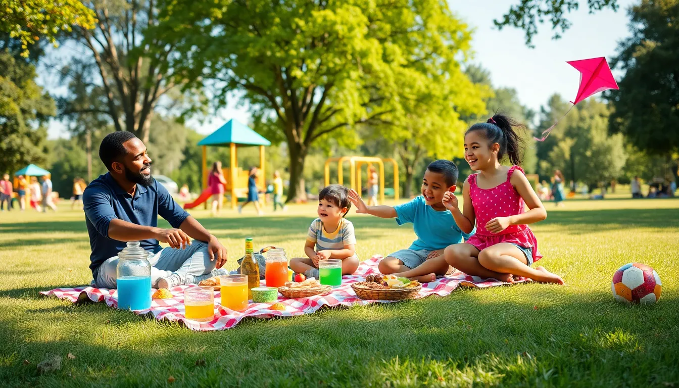 a diverse family enjoying a picnic in a sunny park.
