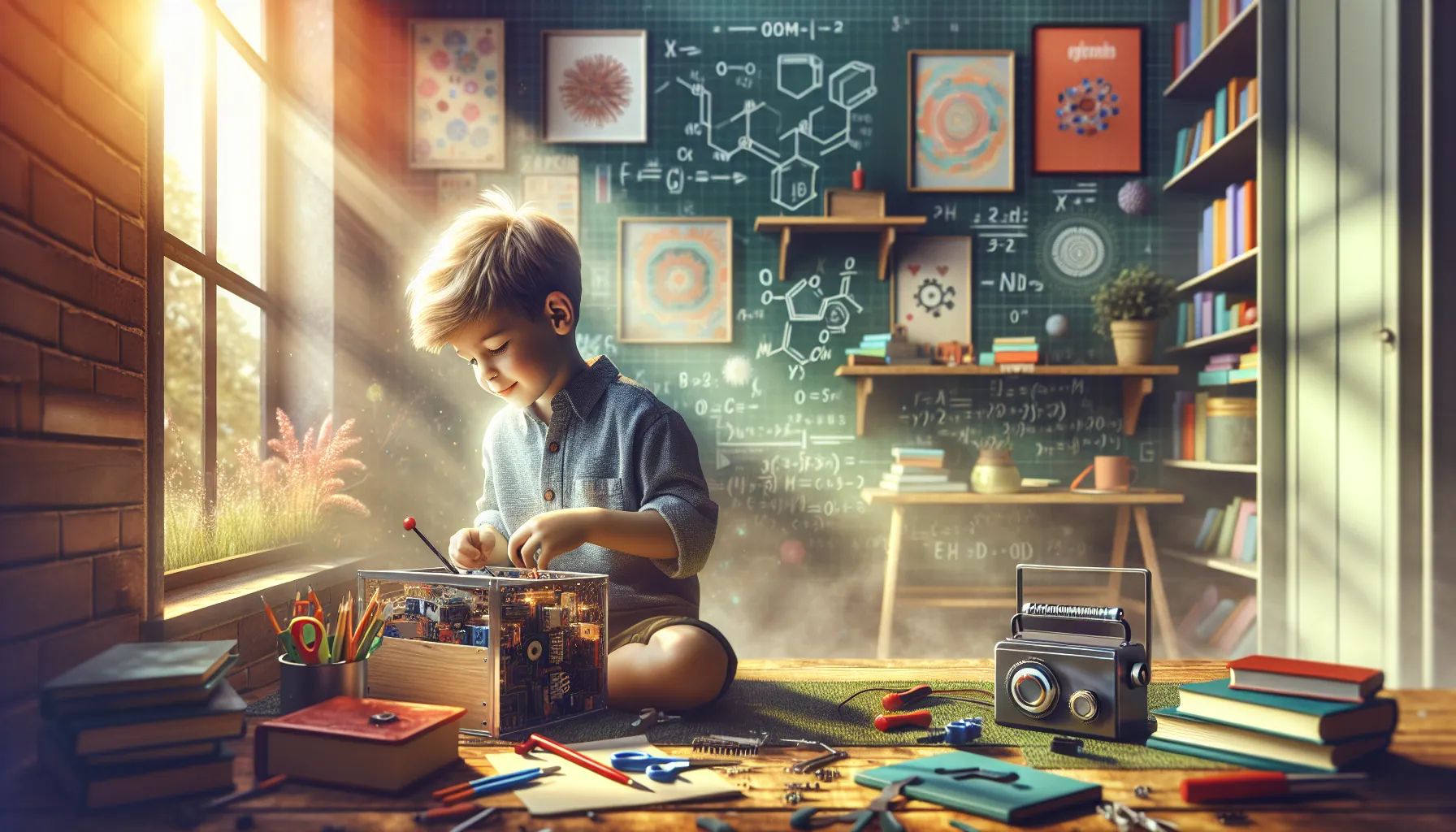 young boy tinkering with gadgets in a cozy room.