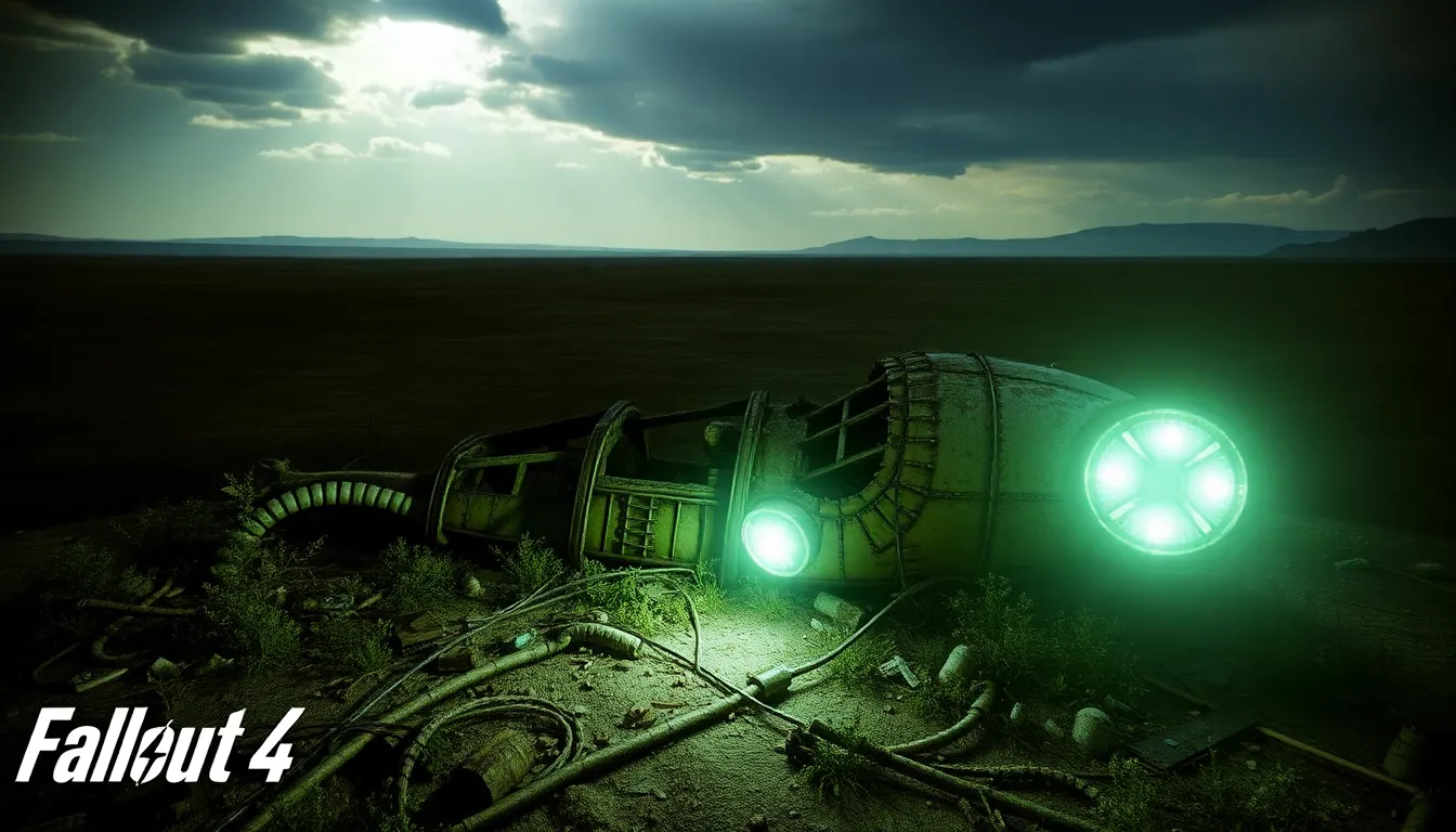 alien crash site from Fallout 4 amidst a post-apocalyptic landscape.
