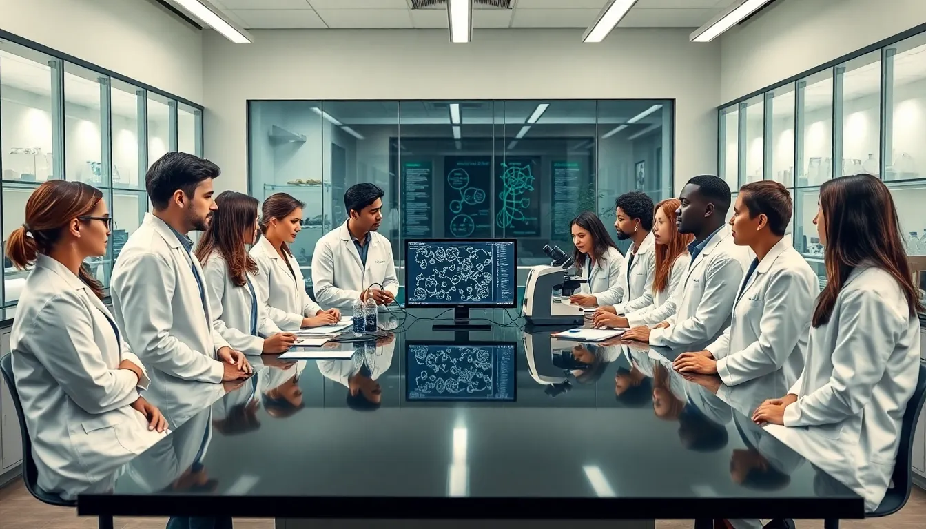 scientists collaborating in a modern lab on glioblastoma research.